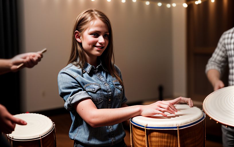 Community drumming circle with people of different ages playing hand drums together outdoors, expressing rhythm, teamwork, and shared musical experience.
