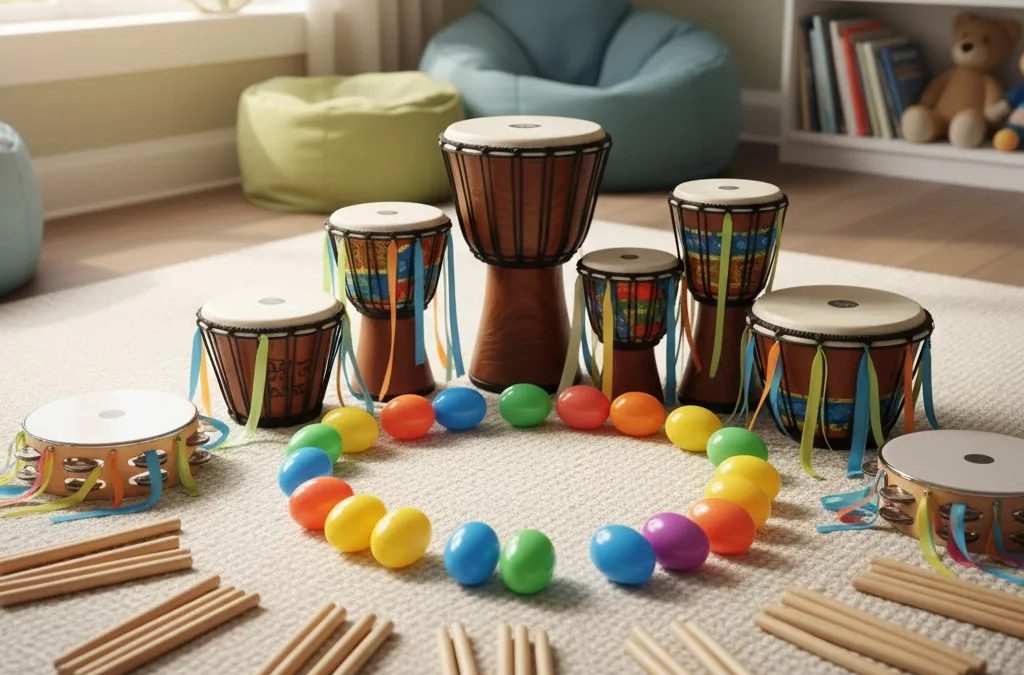 Colorful accessible percussion instruments including hand drums, egg shakers, tambourines and rhythm sticks arranged in welcoming circle for autism drumming therapy workshops
