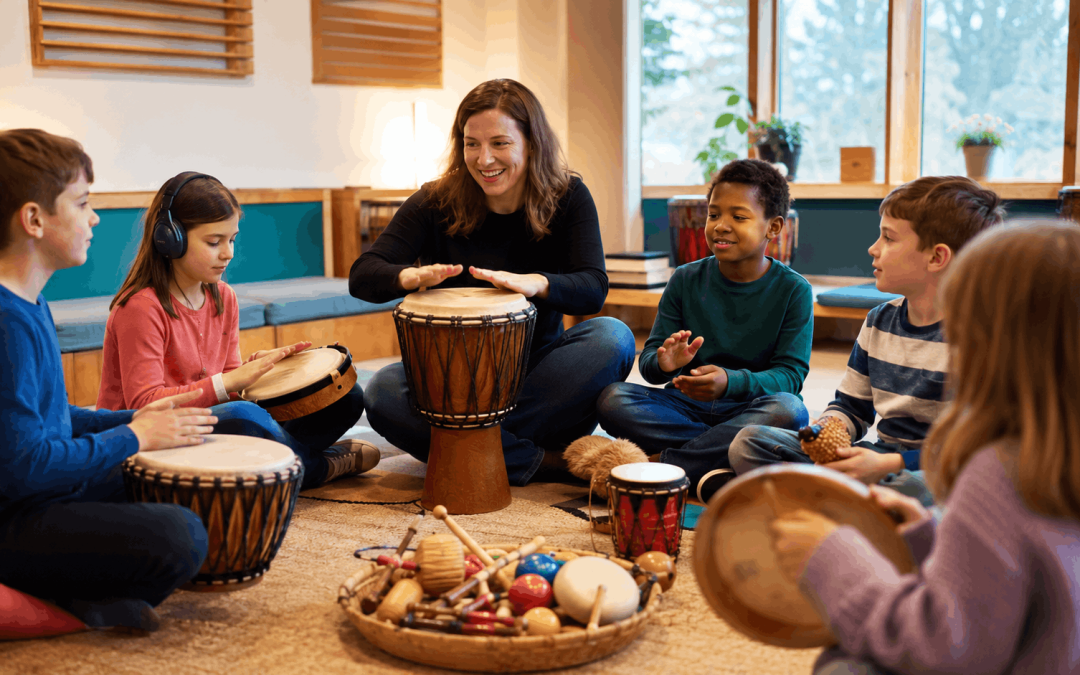 A diverse group of people enjoying drum lessons in Madison WI, sitting in a circle playing hand drums together in a shared rhythm experience